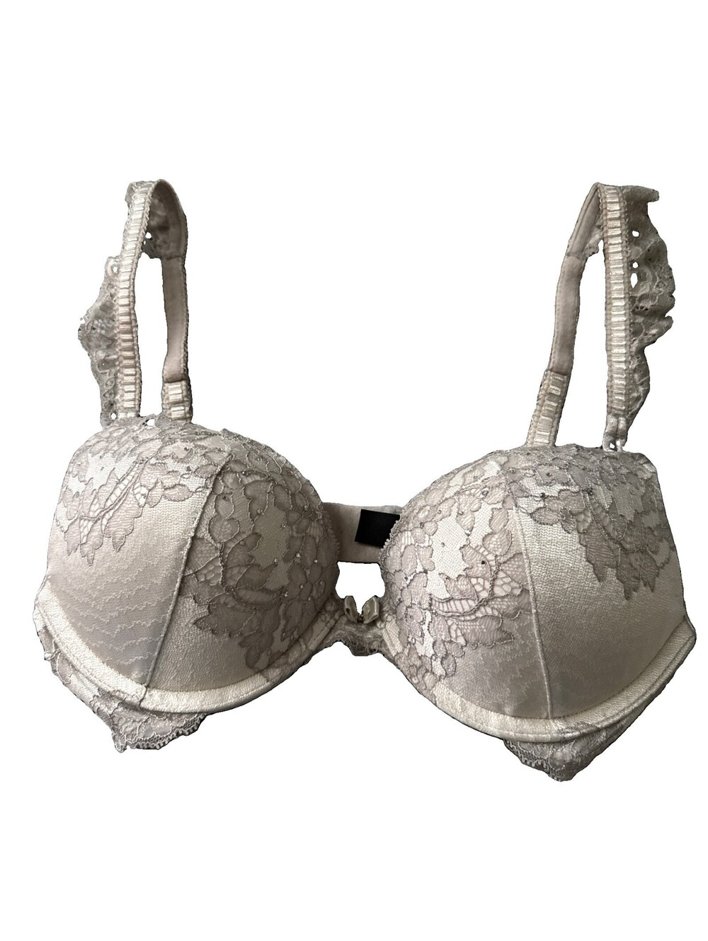 Victoria's Secret Bombshell Plunge Push-Up Bra Gray Lace Rhinestones 32B